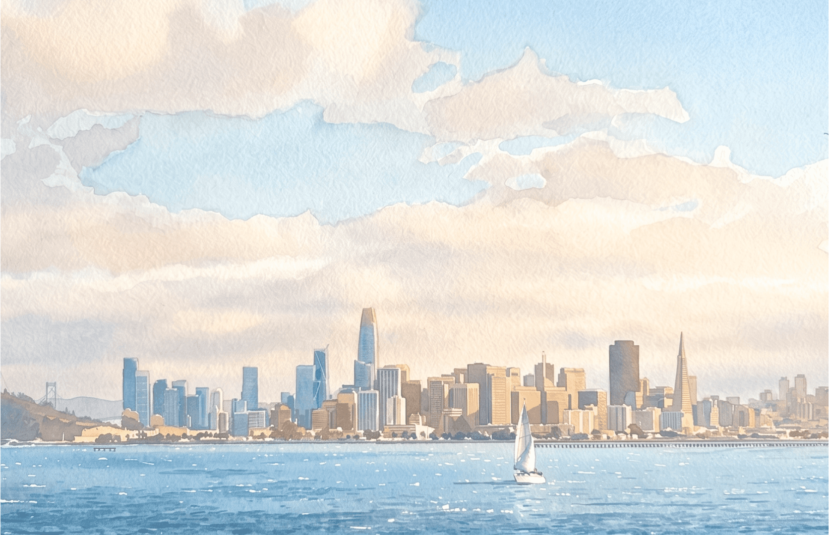 Soft watercolor painting of the San Francisco skyline at golden hour, viewed across the bay
